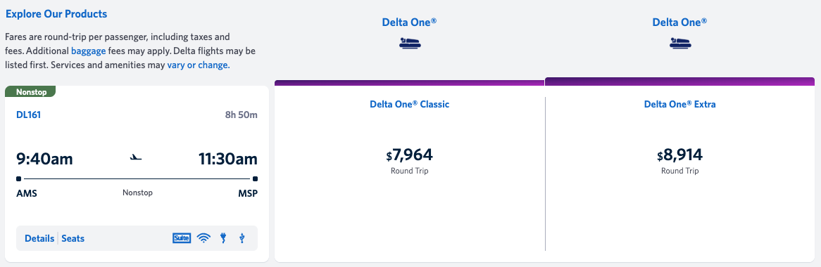 Delta One fare choices from MSP-AMS, including Delta One Classic and Delta One Extra. 